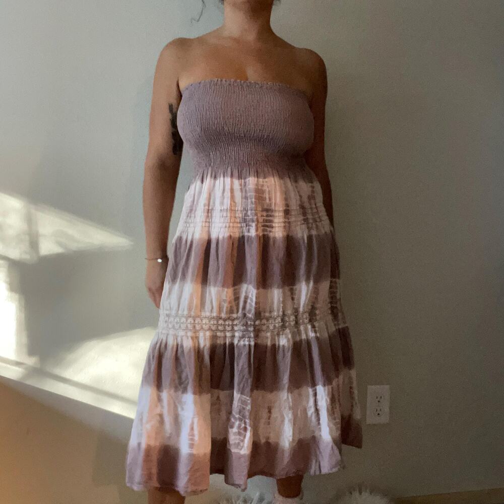 Y2K vintage 00's tie dye 100% cotton mauve tube dress skirt beachy boho | size